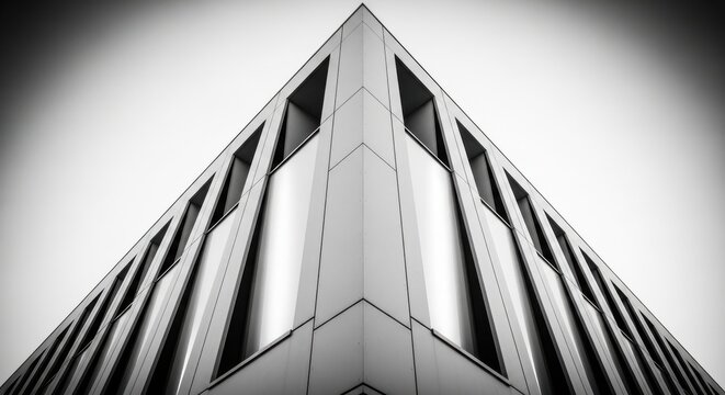 A tall building with a sharp triangular roof and many windows, captured in black and white.