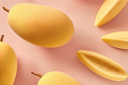 Fresh marang arranged on a pink surface with sliced pieces nearby in a simple display for food photography