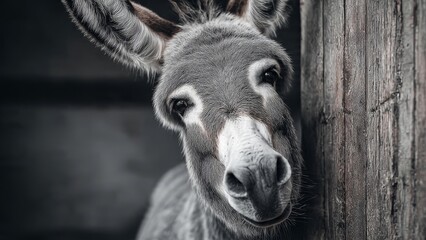 Donkey Portrait Stare: Curious Donkey Peeking Over Concrete Wall

