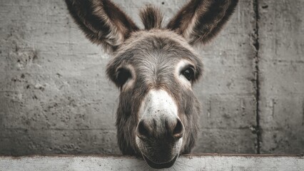 Donkey Portrait Stare: Curious Donkey Peeking Over Concrete Wall

