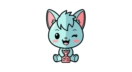 Cute light blue cartoon cat character holding a teal bag with golden 'GO' letters, winking with blush marks. Kawaii animal illustration.
