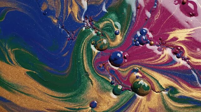 Colorful paint mixing in abstract patterns on a surface with bright hues and round shapes