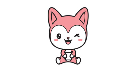 Cute pink cartoon fox character holding a teal cup, winking with blush marks, isolated on white background. Kawaii animal illustration.