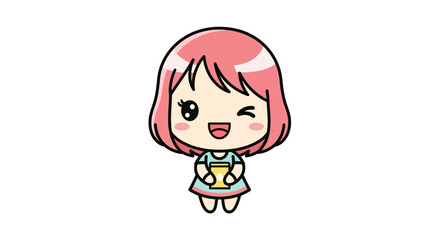 Obraz premium Adorable cartoon girl with pink bob haircut, winking and holding a golden object. Sweet illustration for themes of success, awards, or achievements.