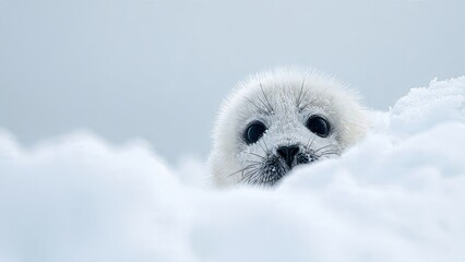 White Seal Pup Gaze: Adorable Harp Seal Pup Peeking Over Snowdrift

