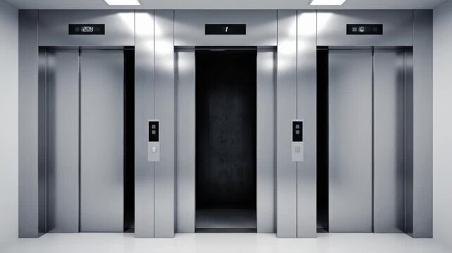 Multiple elevators waiting for passengers in a modern building at a busy time of day