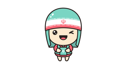 Charming cartoon girl with a hat and national emblem, winking with a smile. Ideal illustration for Iran-related themes, communication, or delivery.