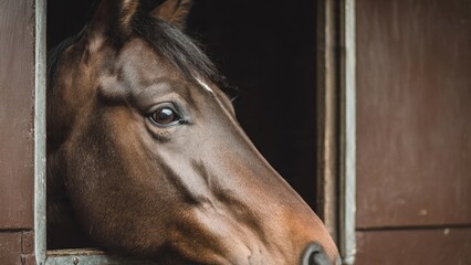 Horse Gazing: Brown Horse Peeking Out from Stable Door

