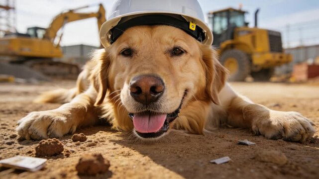 Golden retriever wearing a hard hat at a construction site with heavy machinery in background.