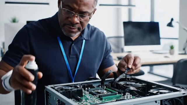 Man repairs computer parts in office space during afternoon hours