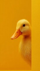 Duckling Peek: Cute Yellow Duckling Peeking From Behind Yellow Wall

