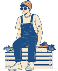 Hipster Man Sitting on Fruit Crate Illustration