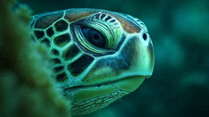 Sea Turtle Close-Up: Majestic Sea Turtle Head in Deep Blue Ocean

