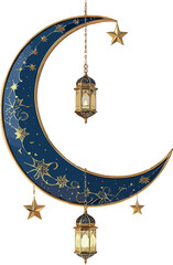 Decorative Crescent Moon with Ramadan Lanterns