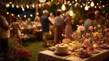 Evening outdoor gathering with illuminated lights cake and floral table setting