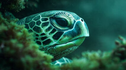 Sea Turtle Close-Up: Majestic Sea Turtle Head in Deep Blue Ocean

