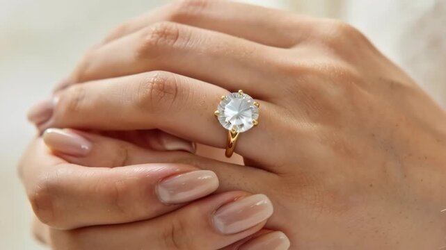 Sparkling solitaire diamond engagement ring manicured hands with gold gemstone accents soft