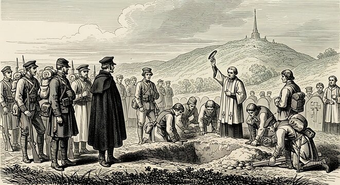 Clergyman blesses soldiers and mourners during a field burial ceremony near a prominent hill.