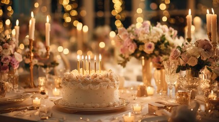 Elegant birthday cake celebration with candles and floral decor
