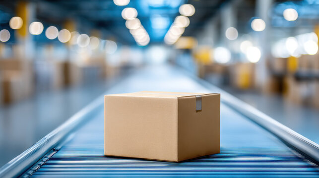 Cardboard box package tape on conveyor in warehouse with bokeh lights, shipping center logistics and automated transport center