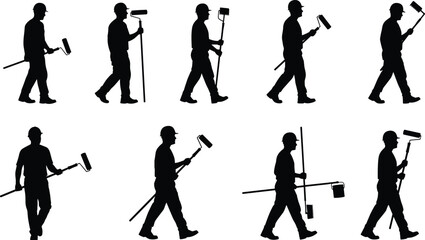 Naklejka premium Black Silhouette Illustration of Eight Workers with Paint Rollers, Brushes, Buckets Depicting Construction, Painting, and Labor Concept
