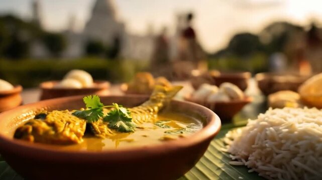 Traditional Bengali meal with fish curry, luchi, rice, and rasgulla served on a banana leaf with the Victoria Memorial in the background.