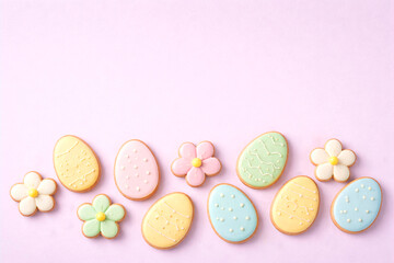 Obraz premium Colorful Easter sugar cookies in egg and flower shapes on pastel background