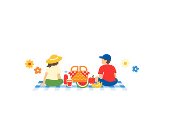 Obraz premium A flat vector illustration of a boy and a girl sitting on a blue checkered blanket for a picnic. They are surrounded by a basket, fruit, and colorful flowers on a black background.