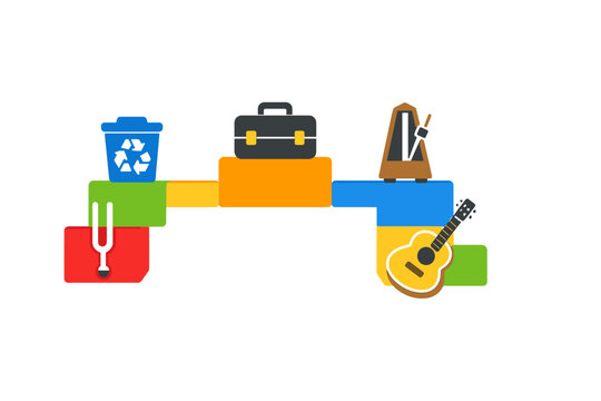 A flat vector illustration featuring various objects like a recycling bin, briefcase, metronome, and guitar placed on a colorful path of blocks against a black background.