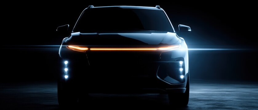 Modern suv illuminated headlights in dramatic lighting automobile design concept