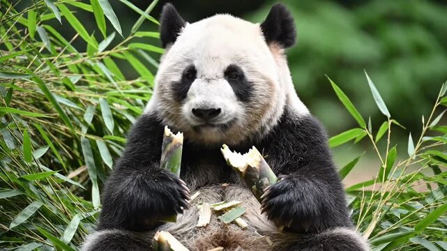 Panda eating bamboo in a green setting at the zoo in the afternoon during feeding time