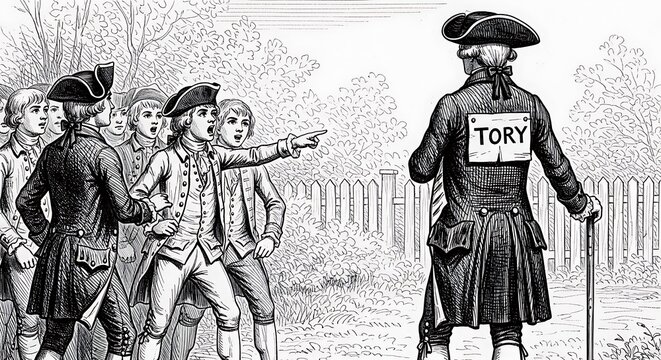 A group of colonists points accusingly at a man wearing a coat labeled Tory during the American Revolution.
