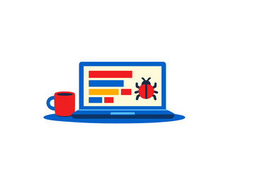 Naklejka premium A flat illustration of a blue laptop displaying code bars and a red bug icon on its screen, placed next to a red coffee mug on a dark background. Ideal for software debugging concepts.