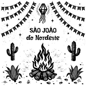Nordestine Festa Junina S&atilde;o Jo&atilde;o Woodcut Illustration with Traditional Brazilian Folk Celebration	