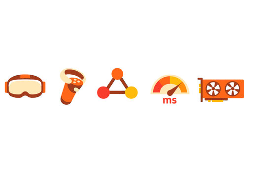 This illustration features five orange and yellow icons for virtual reality gaming, showing a headset, motion controller, network connection, latency meter, and a computer graphics card.
