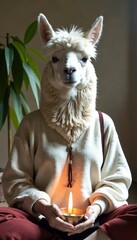 A serene alpaca sits indoors, holding a lit candle in meditation; the soft light creates calm ambiance. Use: wellness brochure cover, spiritual.