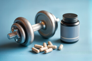 Sport Nutrition Essentials - Dumbbell with Supplement Pills on Blue Background for Fitness