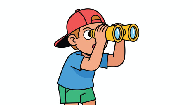 Young Boy Looking Through Binoculars Outdoors.