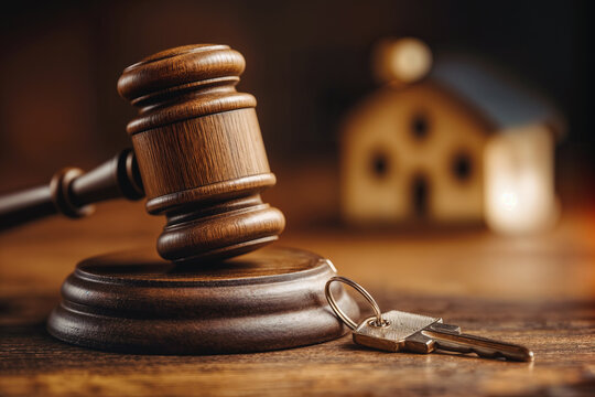 Auction House Scene with Gavel and New Home Keys Symbolizing Property
