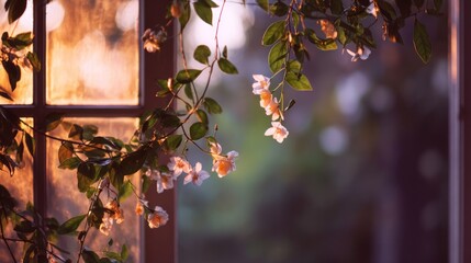 Flowers in sunlight near window nature with soft focus and bokeh effect