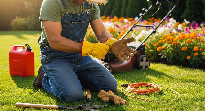 A man kneeling on a lush green lawn, preparing a lawnmower for gardening tasks on a sunny day.