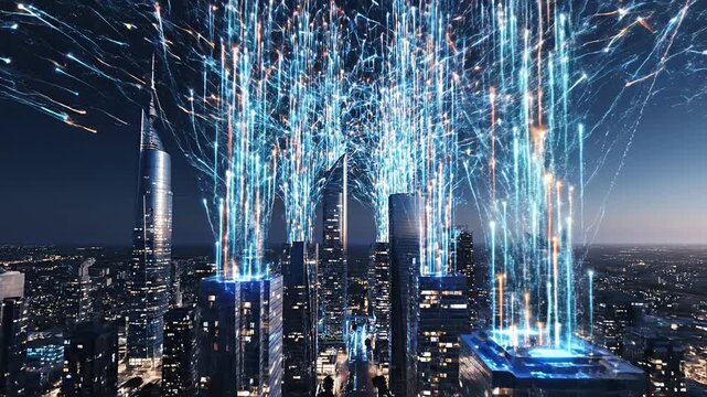 Illuminated towering structures define metropolitan skyline during twilight