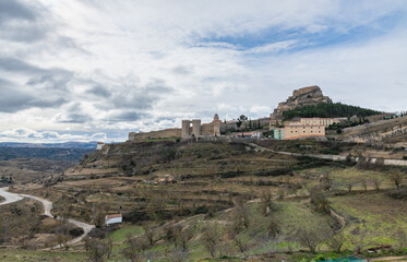 Fototapeta premium Scenic medieval town of Morella surrounded by valley landscape