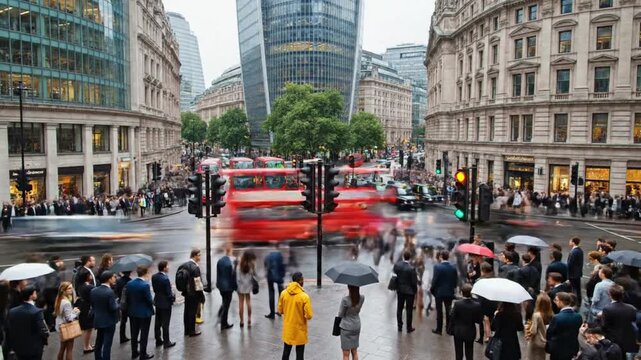 Busy city street with red buses and people waiting at traffic lights in London during a cloudy day