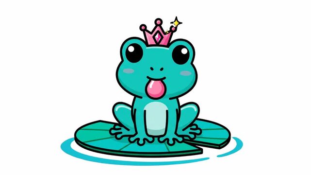 Adorable Royal Frog. Cute turquoise cartoon character wearing a pink crown on a lily pad for kids' animation and mascot design.