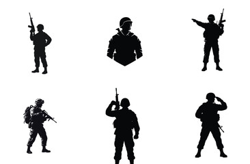 Obraz premium Soldier Silhouettes in Various Poses Vector Illustration