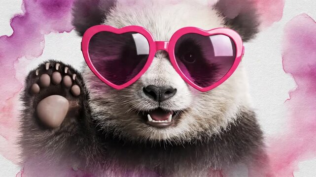 Adorable panda portrait wearing bright pink heart sunglasses on a textured watercolor background for romance and fun marketing.