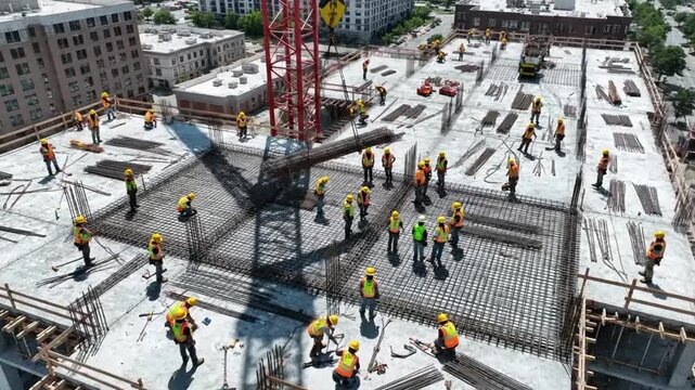 Construction workers build a large structure on a sunny day in the city with cranes and concrete