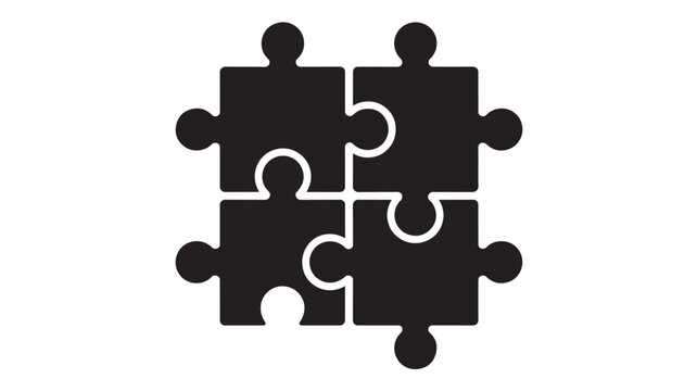 Four puzzle pieces in black silhouette with one missing piece in simple flat design on white background for business