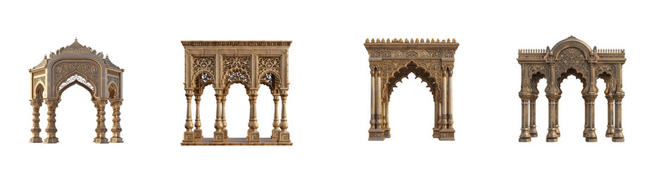 Fototapeta premium Intricately carved wooden arches and structures with detailed patterns isolated on transparent background